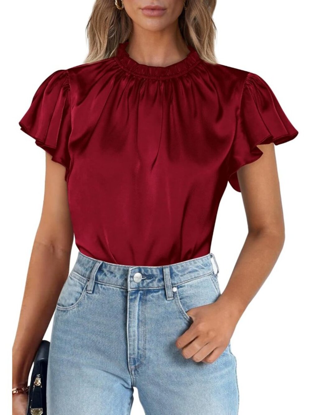 Women's Wine Red Blouse Ruffled Neck Flutter Sleeve Office Work Silk Top